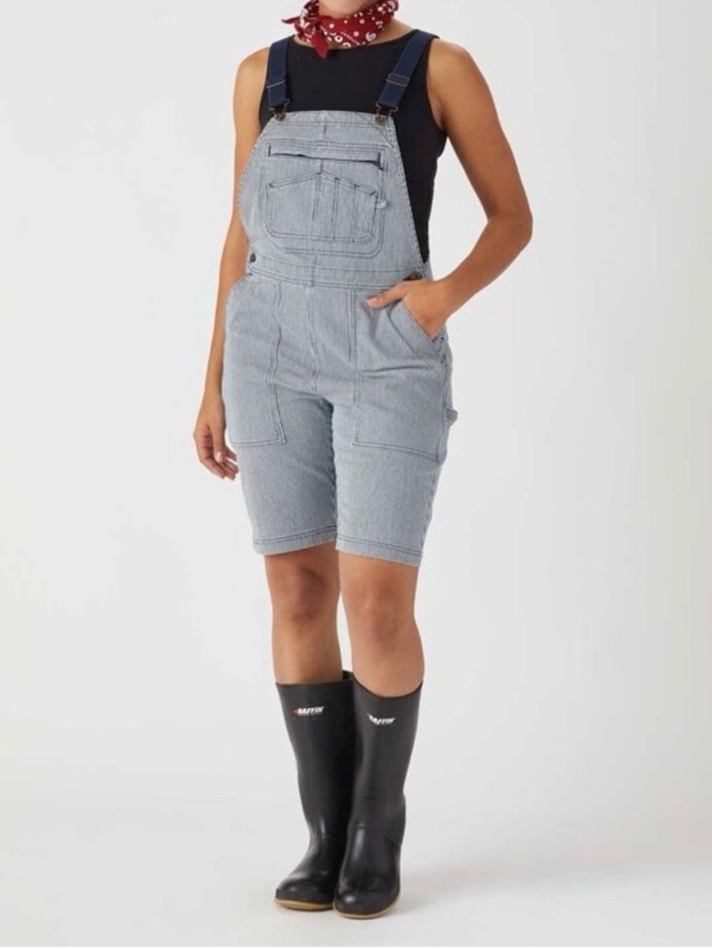 Duluth Trading Bibs Railroad Pin Stripe Rootstock Gardening Shorts Overalls L - Picture 1 of 16